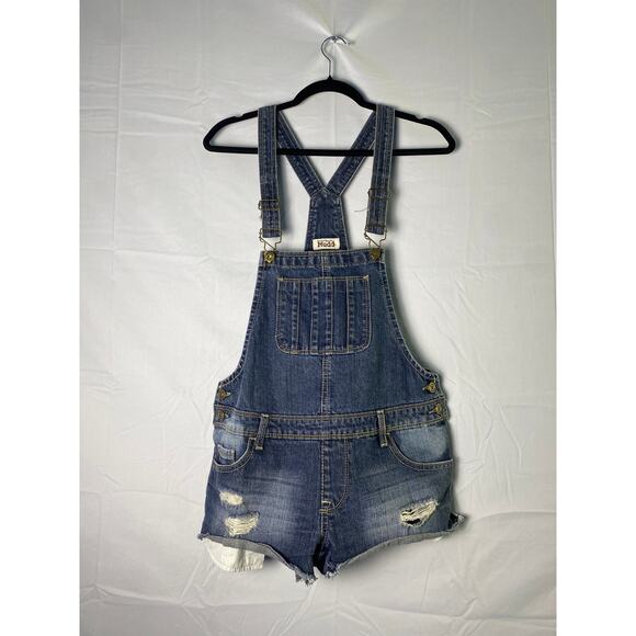 Mudd Blue Denim Overall Shorts Raw Hem Distressed Women's Size Medium - Picture 1 of 2